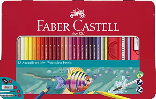 Faber-Castell 115933 - Estuche de metal con 48 lápices de colores acuarelables, lápiz de grafito GRIP 2001, pincel, afilalápices y goma de borrar, multicolor