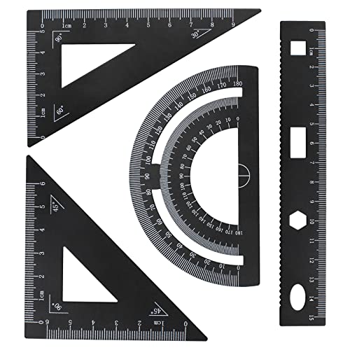 inodiref Juego de Herramientas de Geometría de 4 Piezas de Regla de Metal, con Regla de 15 cm, 180° Transportador y Escuadras 45° y 60°, Triangular de Aluminio para Arquitectos, Estudiantes(Negro)