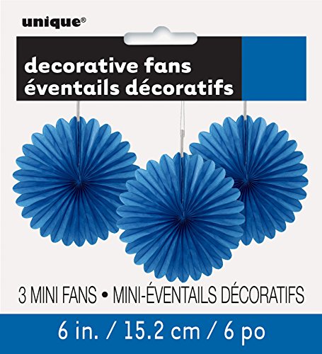 Unique- Paquete de 3 decoraciones abanicos pequeños de papel de seda, Color azul rey, 15 cm (63257)
