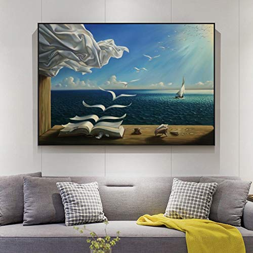 HONGC Arte de Pared Sea Waves Libro Paisaje Pinturas en Lienzo de Salvador Dali Carteles de Pared y Cuadros Impresos para decoración del hogar 70x100cm con Marco