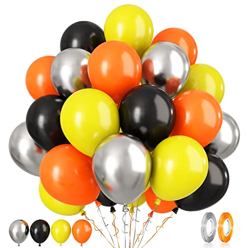 Globos de color negro, naranja y amarillo, 60 unidades de 12 pulgadas, globos de color naranja, negro, amarillo y plateado, globos de fiesta para niños, tema de construcción, cumpleaños, baby shower