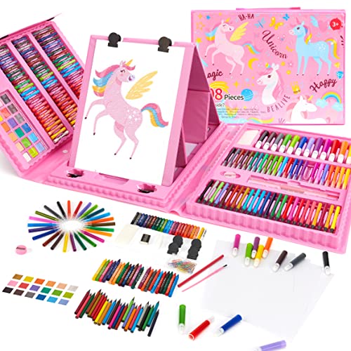 Juegos de pintura de dibujo, suministros de arte de unicornio con pasteles de aceite, crayones, lápices de colores, bolígrafos de acuarela, regalos para niñas (rosa, 208 piezas)