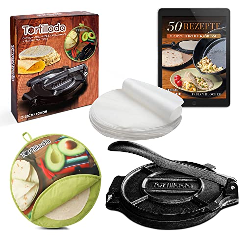 Tortillada - Prensa de tortilla de hierro fundido premium con libro electrónico de recetas (25 cm) + calentador de tortillas incl. 100 piezas de papel pergamino