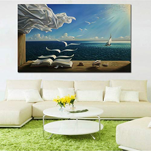 KDXAOBEI Póster de Salvador Dali Canvas Art Print The Waves Book Sailboat Picture Canvas Painting Diary of Discovery by Vladimir Kush 40x60cm(126x24in) Sin marco