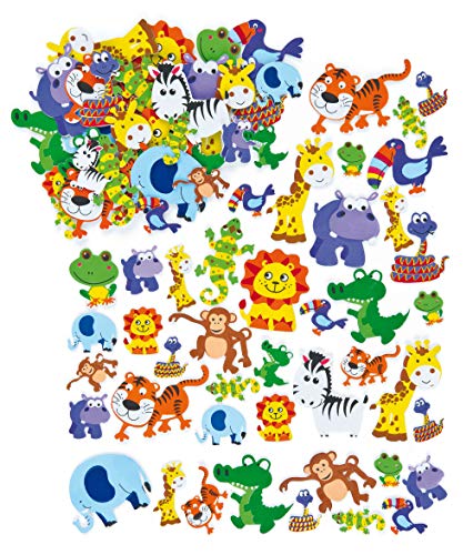 Baker Ross- Pegatinas de Espuma con Forma de Animales de la Selva (Pack de 96) Para decorar tarjetas, álbumes, collages infantiles