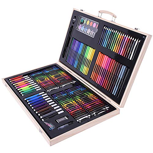 Niños para Dibujar Juego de Pintura Caja de Madera de 180 Piezas Caja de Madera Pintura Pintura Lápiz Artista Pasteles Sketch Pad Kit de Suministros de Arte y Artista