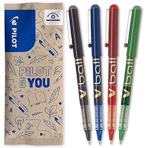 PILOT - Flow Pack 4uds - Bolígrafo Roller tinta líquida V-Ball 07 Medio, surtido - Negro, azul, rojo, verde