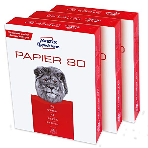 Avery Zweckform 2575 - Papel de impresión (1500 hojas, 80 g/m², DIN A4, blanco, para todas las impresoras) 1 caja de 3 unidades