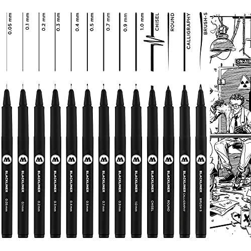 Molotow Blackliner Complete - Juego de 13 rotuladores (grosor de trazo de 0,05 mm hasta 1,0 mm y puntas especiales, punta fina con tinta permanente y resistente a los documentos), color negro