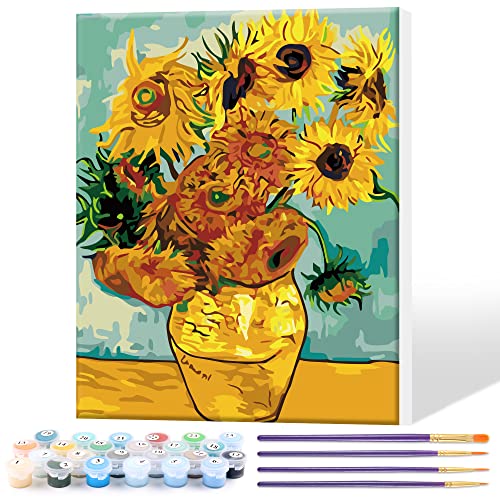Toudorp Pintura por números Kit de Pintura acrílica para Bricolaje de Flores - 40 cm x 50 cm Girasol de Van Gogh Patrón Pintura por números con 3 Pinceles y Marco de Madera de Colores Brillantes