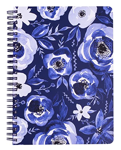 Steel Mill & Co Lindo cuaderno floral en espiral, diario de 8.25 x 6.25 pulgadas con tapa dura duradera y 160 páginas rayadas, acuarela azul