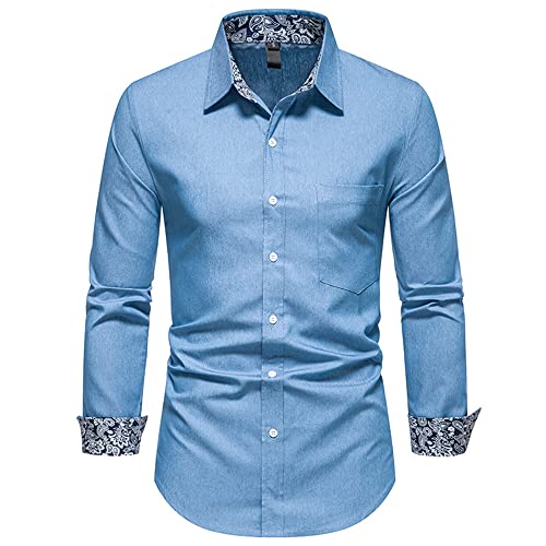 Camisa Hombre Manga Larga Casuales Camisas con Bolsillo Ajustado Negocios Camisa Fácil Planchado Tops Hombre Moderno Empalme Estampado Solapa Botón Placket Básica Camisa Hombre Bx-Light Blue XL
