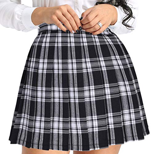 IEFIEL Falda Plisada Basica Mujer Mini Falda Vuelo Escolar Falda Casual Corta Colegiala Japonesa Falda Escocesa Cintura Alta Elástica para Chicas Disfraz Animadora Negro Cuadros A S
