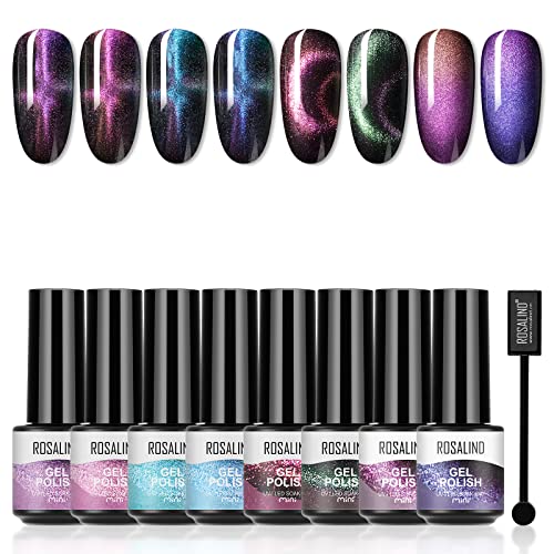 ROSALIND Esmalte Ojo Gato Semipermanente, Pintauñas Semipermanentes Cat Eye Magnético Camaleón Kit Soak Off UV LED Esmalte Uñas Nail Art Manicure Salon DIY 8pcs/Mini