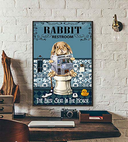 Letreros de metal divertido conejo de baño con el mejor asiento en la casa, divertidos dibujos de conejo, arte de pared de noticias de animales, decoración de baño, decoración de día de Pascua