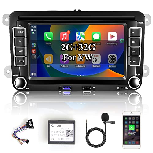 【2+32GB】 Hodozzy Inalambrica Carplay Android Radio Coche para VW Golf 5 6 con GPS/WiFi, 7 Pulgadas Radio 2 DIN con Pantalla Autoradio Bluetooth/FM/RDS/SWC/HiFi/USB/AUX +ISO Cable Adaptador+Microfono