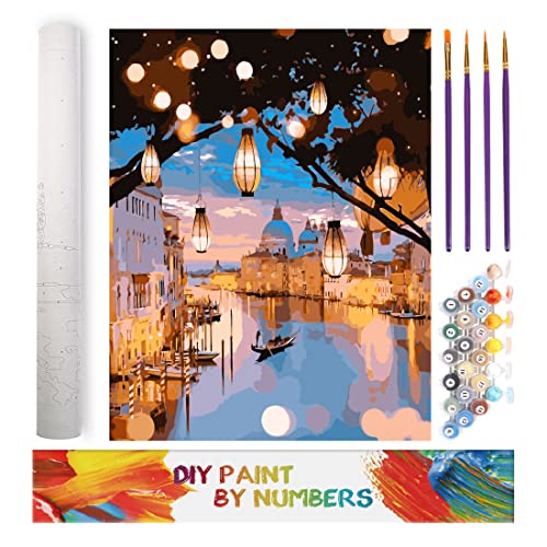 Tonzom Kits de Pintura por Números, Pintar por Numeros para Niños Adultos Principiantes Venecia Nocturna 16x20 Pulgadas Sin Marco