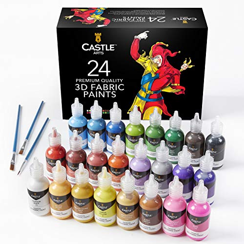 Castle Art Supplies Caja Pinturas Tela 3D | 24 Colores Intensos en Botes 29 ml | Artistas, Artesanos y Aficionados | Ropa, Tejidos, Lienzo, Vidrio, Madera, Calzado | Resistente Caja de Presentación