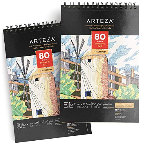 Arteza Cuadernos de dibujo A4 | Pack de 2 blocs de 80 hojas cada uno | Papel grueso de 130g | para dibujo artístico con medios secos