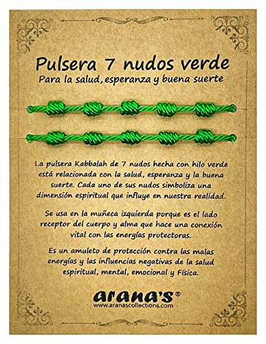 arana's - Pulsera 7 nudos verde mujer hombre - Para la salud y esperanza - Hilo verde protección energía negativa - Amuleto de la buena suerte (Verde)