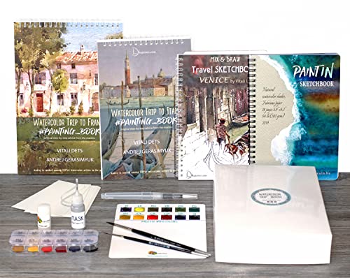 Todos los 4 productos: Kit de acuarela, Italia y Francia tutoriales, Sketchbook Venice, PaintIN Sketchbook Fabriano Paper