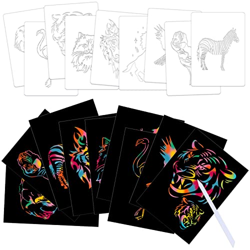 Qpout 20pcs Rasguño arco iris Set de Arte para niños, 9pcs plantillas de pintura de animales con 10pcs Mágico Papeles de borrador y 1 Combo de lápiz óptico de plástico Rascar Bricolaje Set de Arte