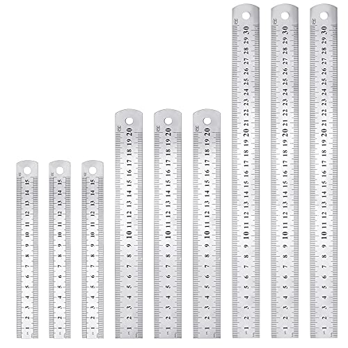 STCRERAG 9 PCS Reglas de Acero Inoxidable Regla de Borde Recto Regla Metálica con Tabla de Conversión Doble Regla Lateral para Medir Estudio de la Oficina (15/20/30cm)