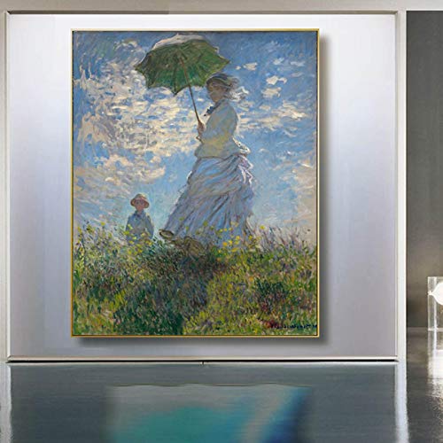 KDXAOBEI Pintura famosa Mujer con sombrilla de Monet, carteles e impresiones Arte de la pared Pintura en lienzo para sala de estar Decoración para el hogar 50x70cm (20x28in) con marco