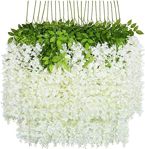 U'Artlines 24 Piezas / Orden 110cm por Vid Flores Artificiales Falsa Wisteria Vine Flor de Seda Garland para Home Garden Party Decoración de Boda Simulación Flor (24 Piezas/Orden, Blanco)