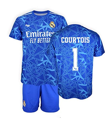 Real Madrid Sovicab Conjunto Camiseta y pantalón Portero Replica - Producto con Licencia - 100% Poliester - Dorsal 1 COURTOIS - Niño Talla 6 años