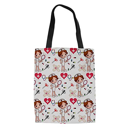 POLERO Nurse Bolsa de la compra, lona de algodón, bolsa de la compra, bolsa de tela, bolsa de algodón con estampado de dibujos animados, para niña, mujer, enfermera, trabajo diario, 42x34cm