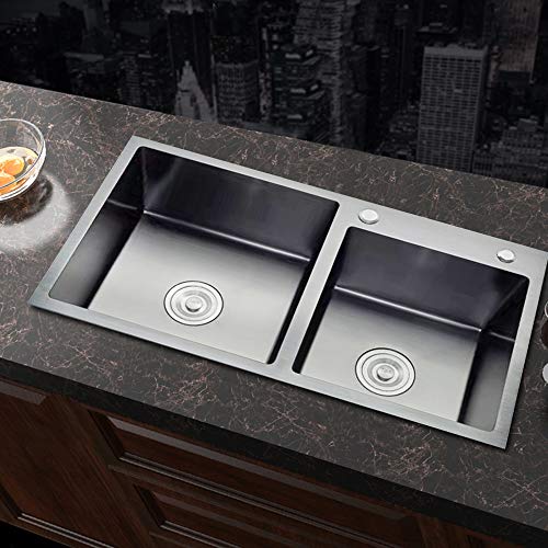 Fregadero de cocina de acero inoxidable, 2 cuencos, color negro, con escurridor para cocina