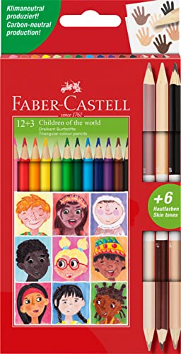 Faber-Castell 511514 Estuche de Lápices de Color, 15 Piezas, Incl. 3 Colores de Piel, Triangular, Irrompible, para Niños y Adultos
