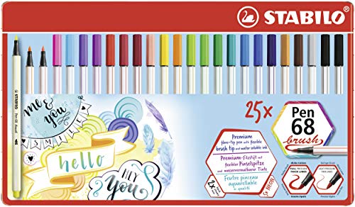 STABILO Pen 68 brush - Rotulador con punta de pincel para trazos variables (25 unidades, estuche de metal)