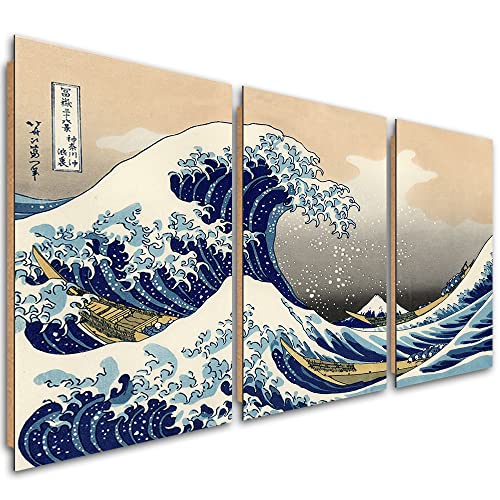 Feeby 3 partes Cuadro Poster 120x60 cm Ola de tsunami Ukiyo-e Japón Arte Moderno Decoración De Pared Sala De Estar Kanagawa Grabado en madera Hokusai Azúl