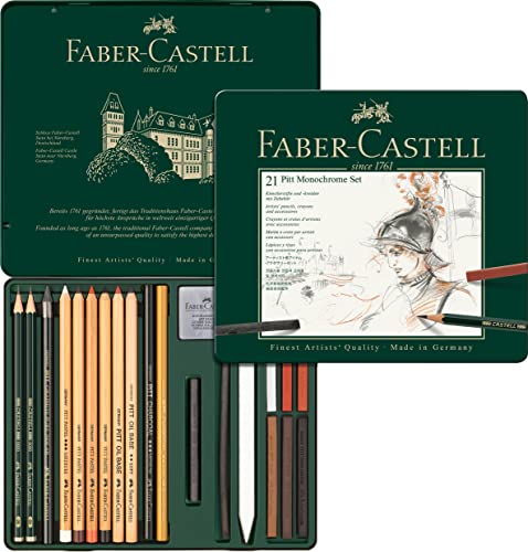 Faber-Castell 112976 - Estuche de metal con 21 piezas, surtido de carbonos, grafitos, ecolápices y tizas