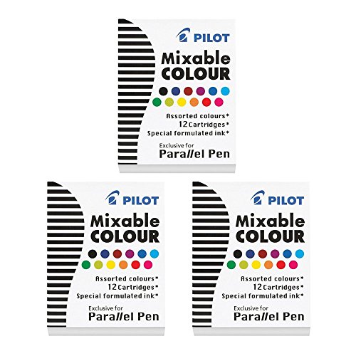 3 Boxes: Pilot Parallel Pen Ink Refills For Calligraphy Pens, Assorted Colors, 12 Cartridges per Pack (77312)