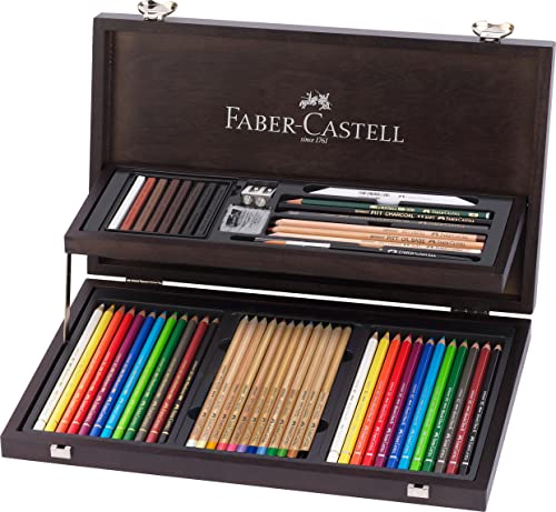 Faber Castell 110084 Art & Graphic Compendium - Estuche de madera (53 unidades, 12 lápices de colores, 12 lápices de acuarela, 12 lápices de colores
