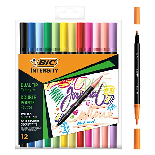 BIC Intensity Dual Tip Rotuladores de Colores Clásicos y Pastel con Punta Fina (0,7 mm) y Punta de Pincel Flexible - Colores Surtidos, Caja de 12