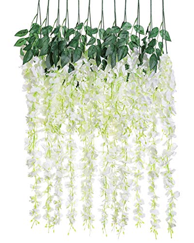 Veryhome 12 Piezas 3.6 ft Flores Artificiales Falsas Wisteria Vine Flor de Seda para Decoraciones de Boda Home Decoracion Garden Party Decor Blanco