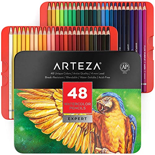 ARTEZA Lápices acuarelables profesionales, juego de 48, estuche de lápices de colores de dibujo artístico, tonos surtidos brillantes para colorear, mezclar y crear capas con técnicas de acuarela