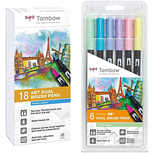 Tombow Abt-18P-1 Fiber Pen Dual Brush Pen Con Dos Puntas Juego De 18 Colores Primarios + Set De 6 Rotuladores Dual Brush Colores Pastel