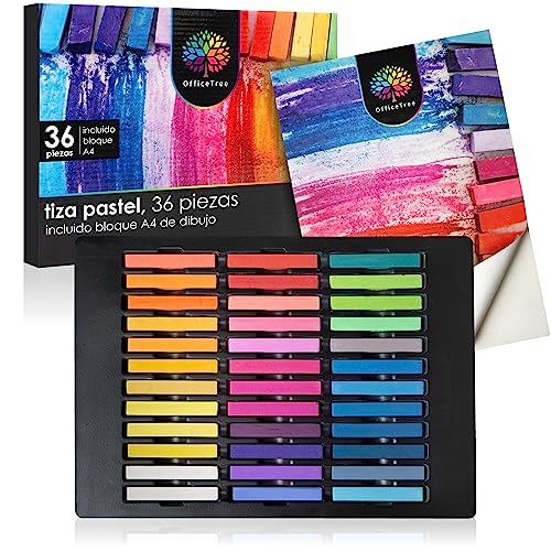 OfficeTree Juego de tizas pastel - 36 unidades de tizas de color para papel - Tizas artísticas incl. bloc de dibujo - Tizas pastel en colores intensos - Tizas pastel suaves para artistas
