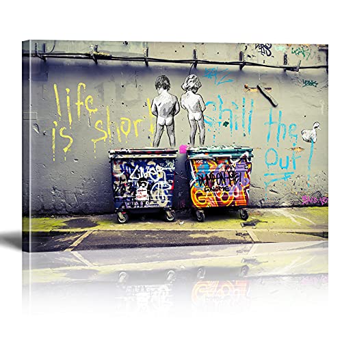 Banksy Imágenes sobre lienzo Life is Short Chill Graffiti Street Art Cuadro Pop Art Pintura Arte Moderno Murales XXL Decoración de pared con marco (120 x 80 cm)
