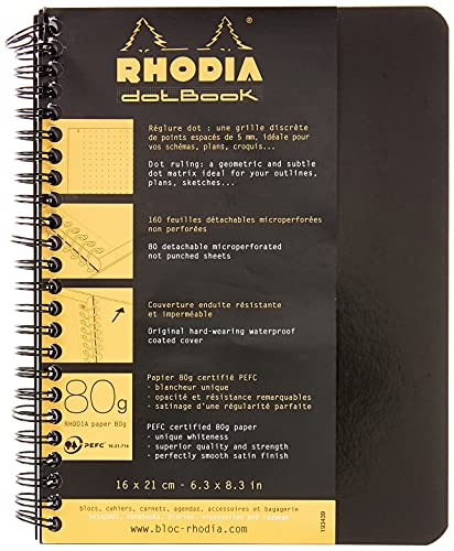 Clairefontaine, RHODIA, 193439C, Cuaderno en espiral, A5+, Interior: puntos, 160 Páginas Desmontables, Papel Clairefontaine Blanco 80 g/m², Tapa Blanda y Resistente, Color tapa: Negro