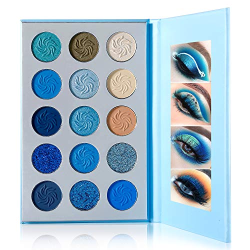 DE'LANCI Palette de make-up 15 couleurs Palette de fard à paupières bleu mat et brillant blue, easy à colorer Duradero, impermeable, hautement pigmenté