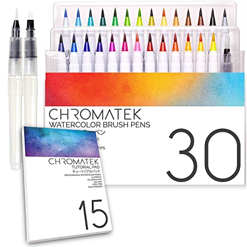 Chromatek - Juego de 30 pinceles de acuarela, 15 páginas tutorial y serie de vídeo en línea, punta de pincel real, vívido, mezclable, calidad profesional artista, 27 colores, 3 pinceles de agua.