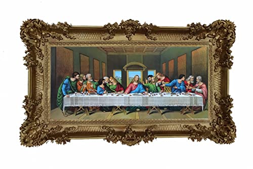 Made in Italy Cuadro de pintura barroca con reproducción de marco de aspecto antiguo, Jesús con 12 apóstoles, Última cena, 96 x 57 cm