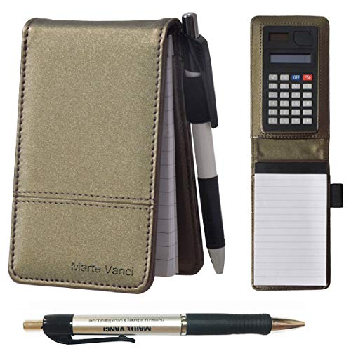 KXF - Cuaderno de bolsillo A7 con cubiertas de piel, pequeño y práctico cuaderno para notas con bolígrafo y calculadora, bloc de notas reemplazable, 60 páginas