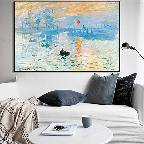KDXAOBEI Pintura famosa Arte de la pared Impresiones en lienzo Impresión del amanecer de Claude Monet Pósteres Cuadros de pintura para la decoración de la sala de estar 50x70cm (20x28in) con marco